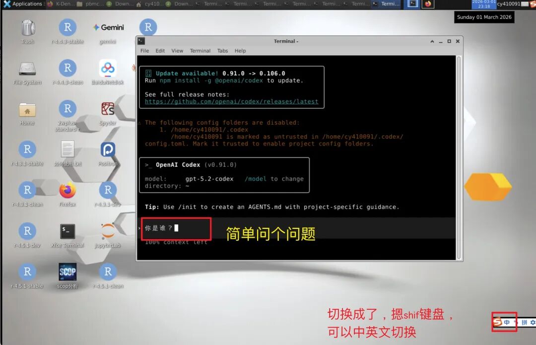 向已登录的 Codex 输入第一个问题