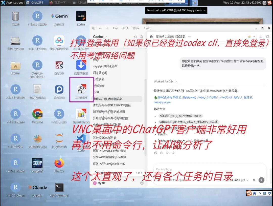 VNC 桌面中的 Codex 客户端界面